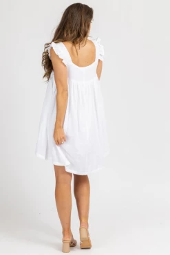OLIVACEOUS CLOTHING OPTIC WHITE LINEN RUFFLE STRAP MINI DRESS