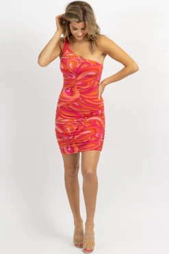 OLIVACEOUS ORANGE MULTI-PRINT ONE SHOULDER MINI DRESS NEW ARRIVALS