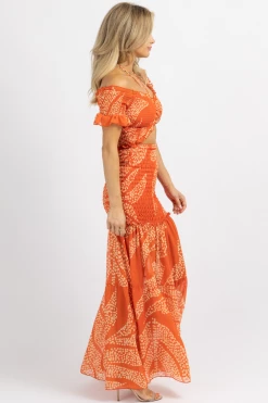 LUXXEL ORANGE ASTORIA SCRUNCH MAXI DRESS NEW ARRIVALS