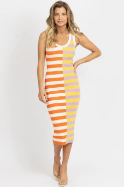 AARON AND AMBER ORANGE STRIPE TWO TONE MIDI DRESS NEW ARRIVALS
