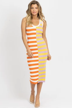 AARON AND AMBER ORANGE STRIPE TWO TONE MIDI DRESS NEW ARRIVALS