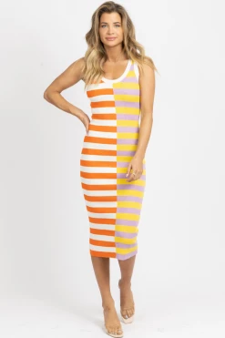 AARON AND AMBER ORANGE STRIPE TWO TONE MIDI DRESS NEW ARRIVALS