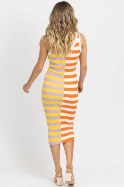 AARON AND AMBER ORANGE STRIPE TWO TONE MIDI DRESS NEW ARRIVALS