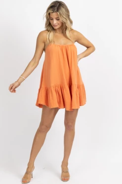 MABLE ORANGE GAUZE RUFFLED HEM MINI DRESS