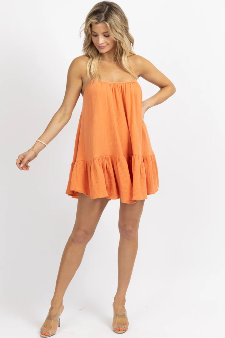 MABLE ORANGE GAUZE RUFFLED HEM MINI DRESS 1 MABLE ORANGE GAUZE RUFFLED HEM MINI DRESS