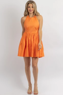 MABLE NEW ARRIVALS TANGERINE LINEN HALTERNECK MINI DRESS