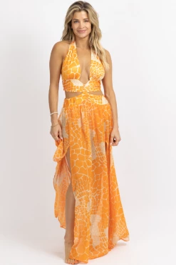 LUXXEL NEW ARRIVALS ORANGE TROPICS HALTER + SLIT MAXI DRESS *BACK IN STOCK*