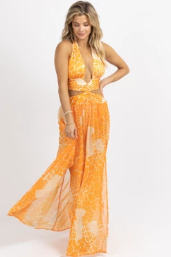LUXXEL NEW ARRIVALS ORANGE TROPICS HALTER + SLIT MAXI DRESS *BACK IN STOCK*