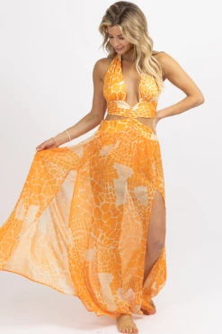 LUXXEL NEW ARRIVALS ORANGE TROPICS HALTER + SLIT MAXI DRESS *BACK IN STOCK*