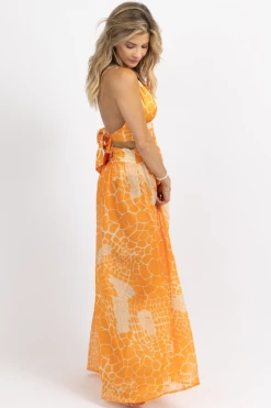 LUXXEL NEW ARRIVALS ORANGE TROPICS HALTER + SLIT MAXI DRESS *BACK IN STOCK*