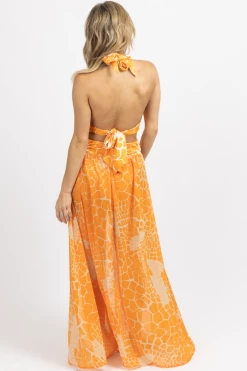 LUXXEL NEW ARRIVALS ORANGE TROPICS HALTER + SLIT MAXI DRESS *BACK IN STOCK*