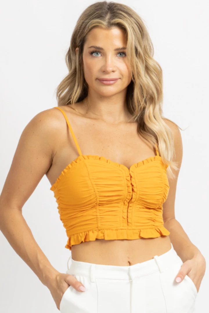 MNI NEW ARRIVALS SUNSET ORANGE RUCHED CROP TOP 2 MNI NEW ARRIVALS SUNSET ORANGE RUCHED CROP TOP