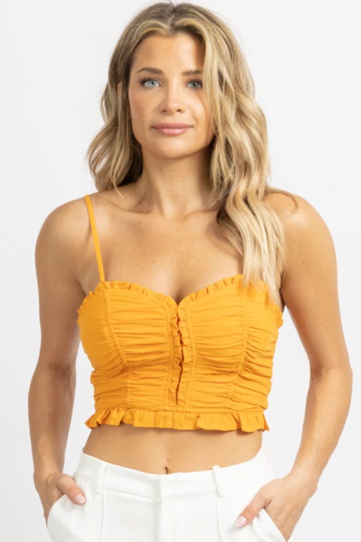MNI NEW ARRIVALS SUNSET ORANGE RUCHED CROP TOP 1 MNI NEW ARRIVALS SUNSET ORANGE RUCHED CROP TOP