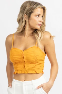 MNI NEW ARRIVALS SUNSET ORANGE RUCHED CROP TOP 10 MNI NEW ARRIVALS SUNSET ORANGE RUCHED CROP TOP