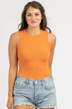 LE LIS CLOTHING ROUND NECK SLEEVELESS BODYSUIT IN ORANGE