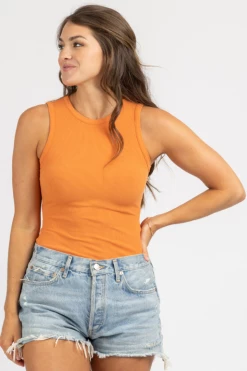 LE LIS CLOTHING ROUND NECK SLEEVELESS BODYSUIT IN ORANGE