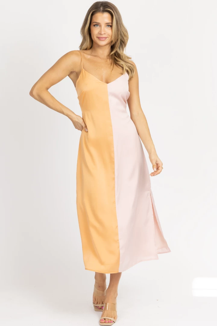 LENA ORANGE + PINK COLOR BLOCK MIDI DRESS 1 LENA ORANGE + PINK COLOR BLOCK MIDI DRESS