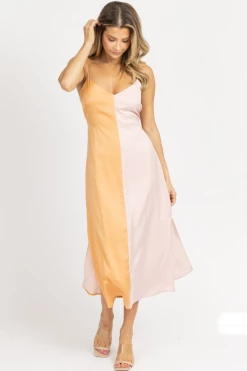 LENA ORANGE + PINK COLOR BLOCK MIDI DRESS 9 LENA ORANGE + PINK COLOR BLOCK MIDI DRESS