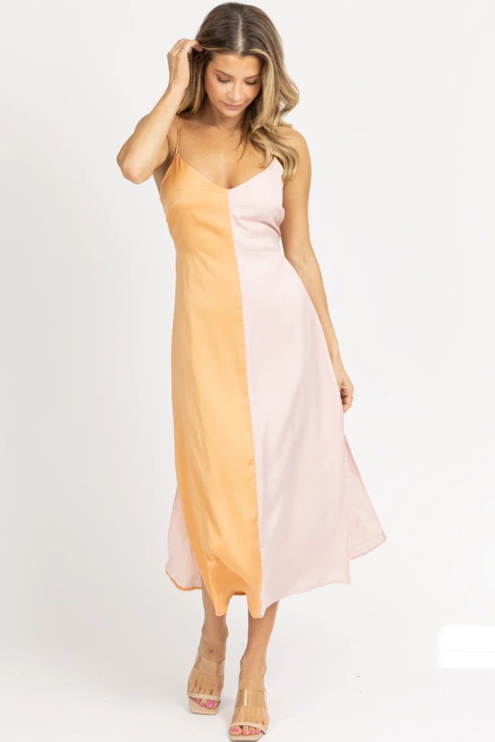 LENA ORANGE + PINK COLOR BLOCK MIDI DRESS 4 LENA ORANGE + PINK COLOR BLOCK MIDI DRESS