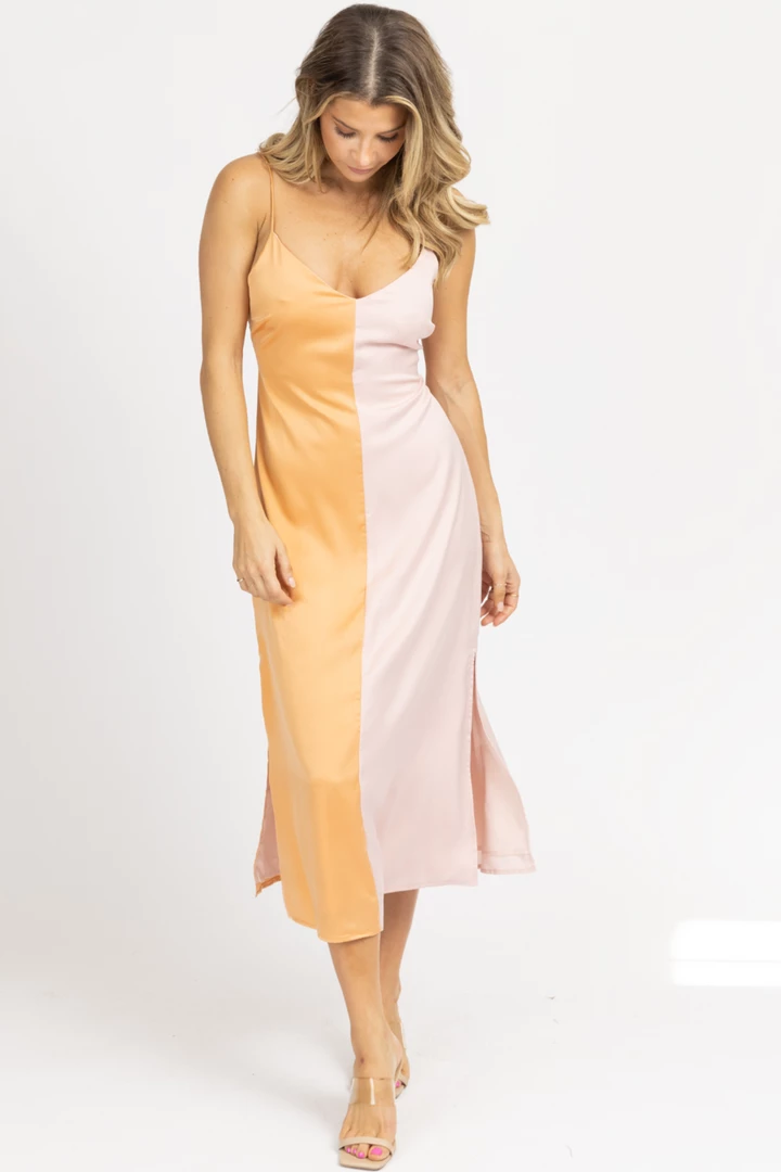 LENA ORANGE + PINK COLOR BLOCK MIDI DRESS 5 LENA ORANGE + PINK COLOR BLOCK MIDI DRESS