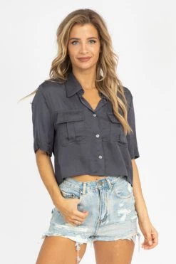 OLIVACEOUS OREO SATIN BUTTON FRONT CROP CLOTHING