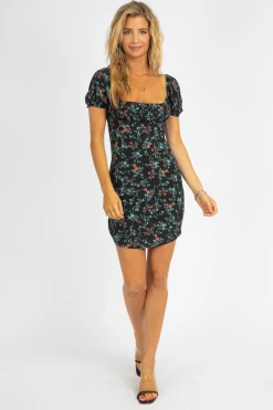 OLIVACEOUS BLACK FLORAL PUFF SLEEVE MINI CLOTHING