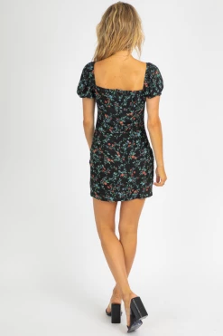 OLIVACEOUS BLACK FLORAL PUFF SLEEVE MINI CLOTHING