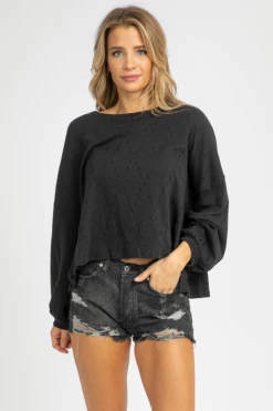 FATE BY LFD BLACK DISTRESSED LONG SLEEVE TOP
