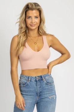 DYNAMIC FASHION PALE PINK ESSENTIAL RIBBED V-NECK CROP *BACK IN STOCK*