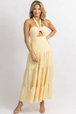 LUXXEL LIGHT YELLOW TEXTURED HALTER MAXI DRESS NEW ARRIVALS