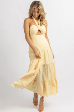 LUXXEL LIGHT YELLOW TEXTURED HALTER MAXI DRESS NEW ARRIVALS