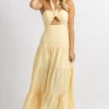 LUXXEL LIGHT YELLOW TEXTURED HALTER MAXI DRESS NEW ARRIVALS