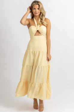 LUXXEL LIGHT YELLOW TEXTURED HALTER MAXI DRESS NEW ARRIVALS