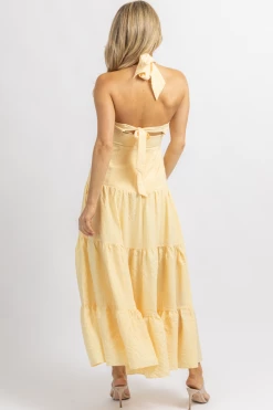 LUXXEL LIGHT YELLOW TEXTURED HALTER MAXI DRESS NEW ARRIVALS