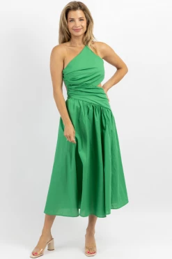 LUXXEL NEW ARRIVALS PALM GREEN ASYMMETRIC RUCHE MIDI DRESS