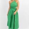 LUXXEL NEW ARRIVALS PALM GREEN ASYMMETRIC RUCHE MIDI DRESS