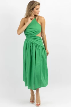 LUXXEL NEW ARRIVALS PALM GREEN ASYMMETRIC RUCHE MIDI DRESS