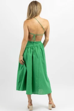 LUXXEL NEW ARRIVALS PALM GREEN ASYMMETRIC RUCHE MIDI DRESS