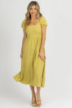 ENDLESS BLU PALM LIME PUFF SLEEVE OPEN-BACK MIDI DRESS