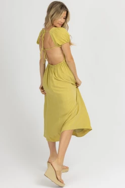 ENDLESS BLU PALM LIME PUFF SLEEVE OPEN-BACK MIDI DRESS