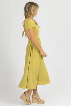 ENDLESS BLU PALM LIME PUFF SLEEVE OPEN-BACK MIDI DRESS