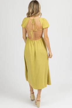 ENDLESS BLU PALM LIME PUFF SLEEVE OPEN-BACK MIDI DRESS