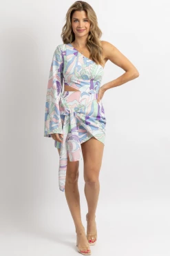 LUXXEL PASTEL PRINT ONE SLEEVED SIDE-TIE MINI DRESS NEW ARRIVALS