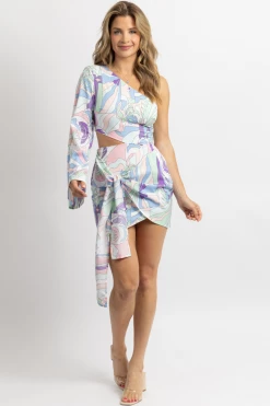 LUXXEL PASTEL PRINT ONE SLEEVED SIDE-TIE MINI DRESS NEW ARRIVALS