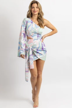 LUXXEL PASTEL PRINT ONE SLEEVED SIDE-TIE MINI DRESS NEW ARRIVALS