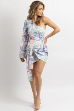 LUXXEL PASTEL PRINT ONE SLEEVED SIDE-TIE MINI DRESS NEW ARRIVALS