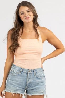 LE LIS CLOTHING PEACH STRAIGHTNECK HALTER BODYSUIT