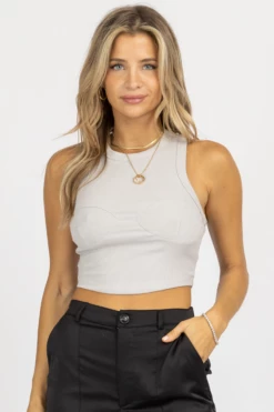 REHAB MOCK NECK STITCH BUST TANK IN STONE CLOTHING