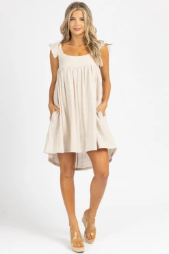 OLIVACEOUS PEBBLE LINEN RUFFLE STRAP MINI DRESS CLOTHING