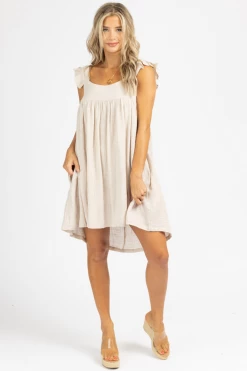 OLIVACEOUS PEBBLE LINEN RUFFLE STRAP MINI DRESS CLOTHING